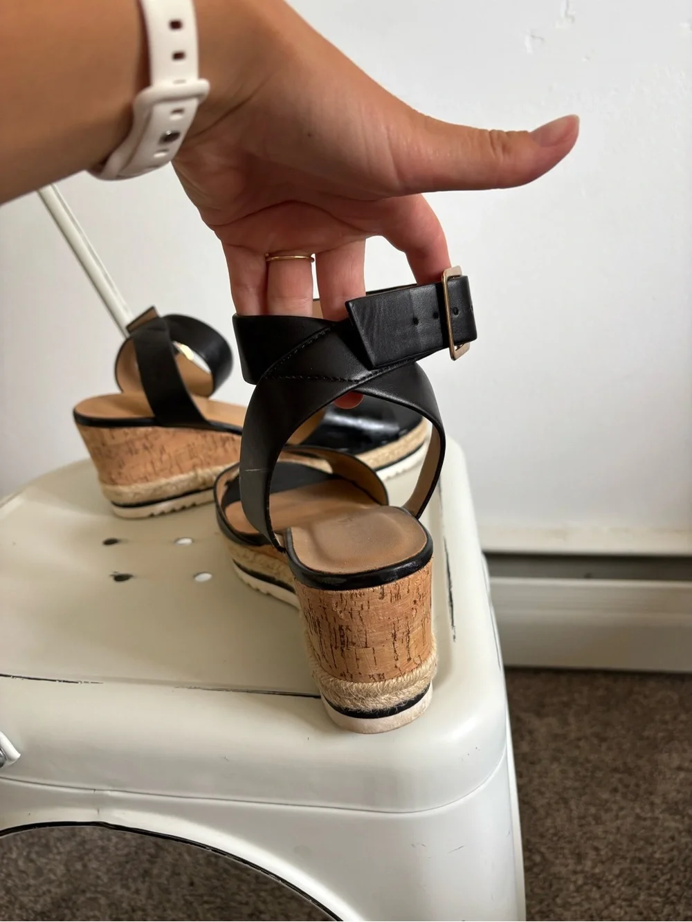 Soda Black Cork Espadrille Wedge Sandals with Gold Buckle